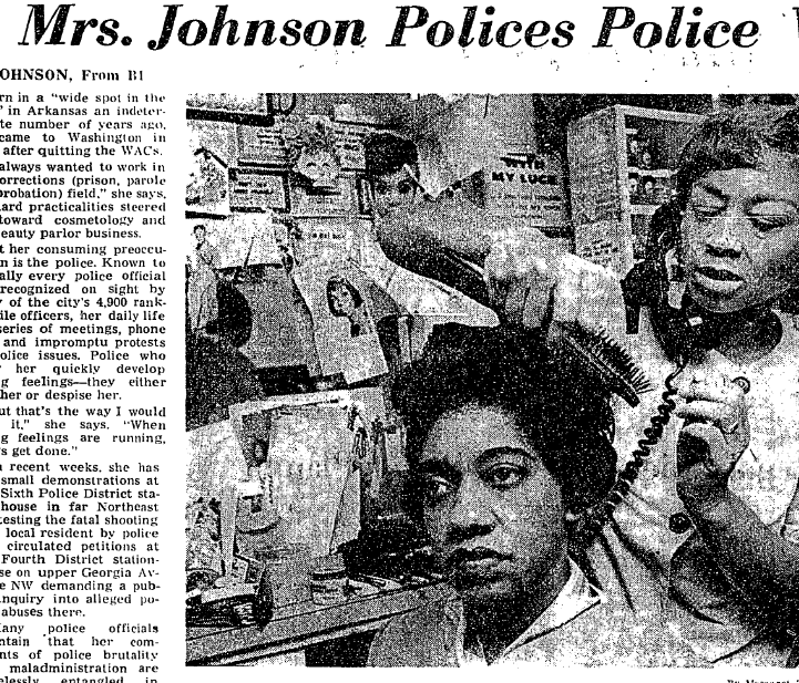 "Mrs. Johnson Polices Police" headline and Sep 1968 Wash Poststory image