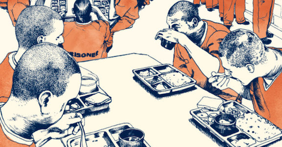 Drawing shows cafeteria filled with men in prison jumpsuits; centered are four men at a table with trays of nondescript food. Image credit: Melissa Garden. Cropped from cover of Eating Behind Bars. Full citation for report: Soble, L., Stroud, K., & Weinstein, M. (2020). Eating Behind Bars: Ending the Hidden Punishment of Food in Prison. Impact Justice. impactjustice.org/impact/food-in-prison/#report