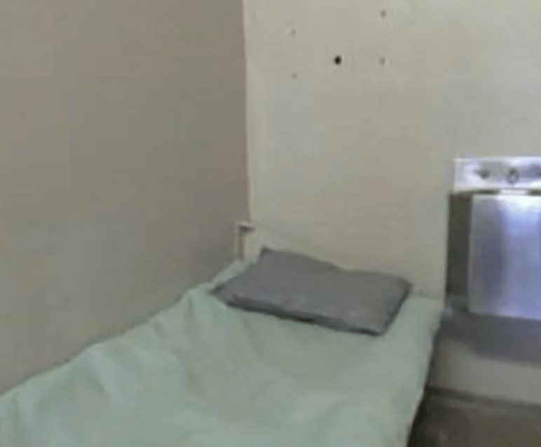 Image Description: prison cell with clean metal sink inches from cot, which is covered with thin blanket and pillow.
