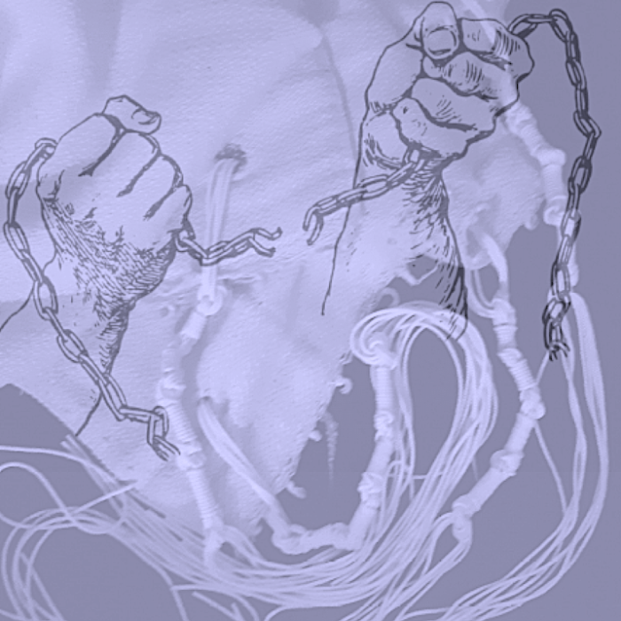 two images superimposed: 1) two hands in fists pull apart a chain; 2) corners and fringes of a folded prayer shawl