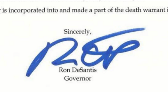 cropped image of death warrant signed by Gov. DeSantis of FL