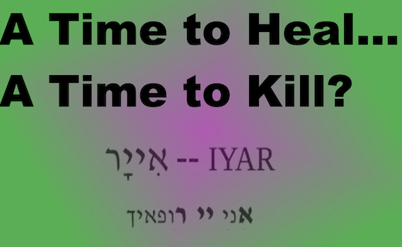 Decorative text box reads: A Time to Heal...A Time to Kill? with Hebrew for Iyar Ani " Rofekha