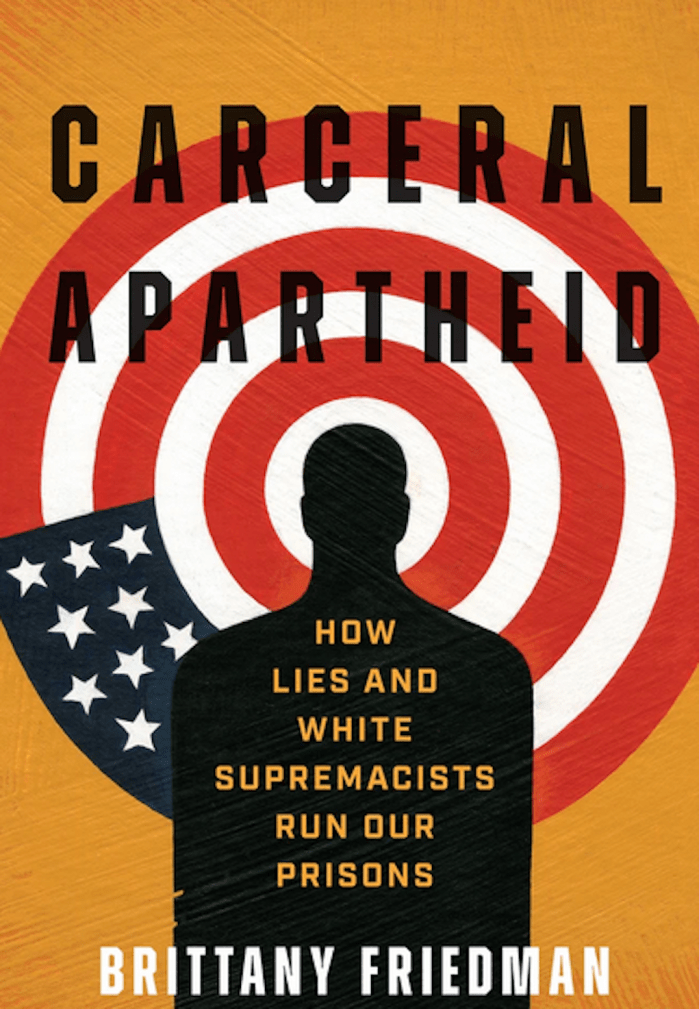 Carceral Apartheid book cover shows target fashioned from a US flag, with human-shape in the target center.