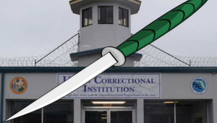 clip-art pocket knife superimposed over photo of correctional facility