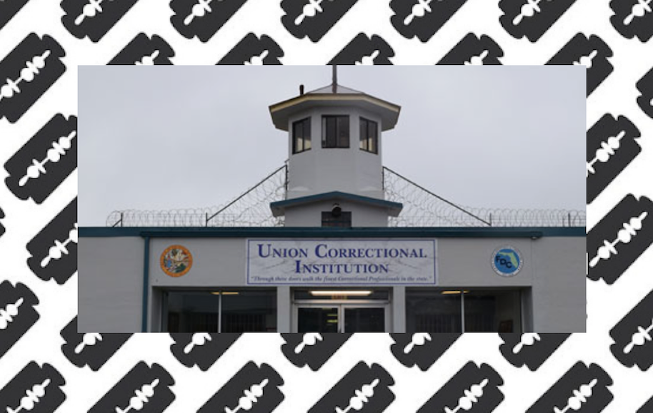 correctional facility tower and entrance shown with abstract razor blade images